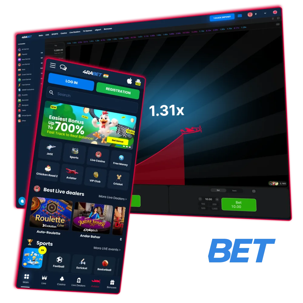 4rabet platform includes Aviator crash game.