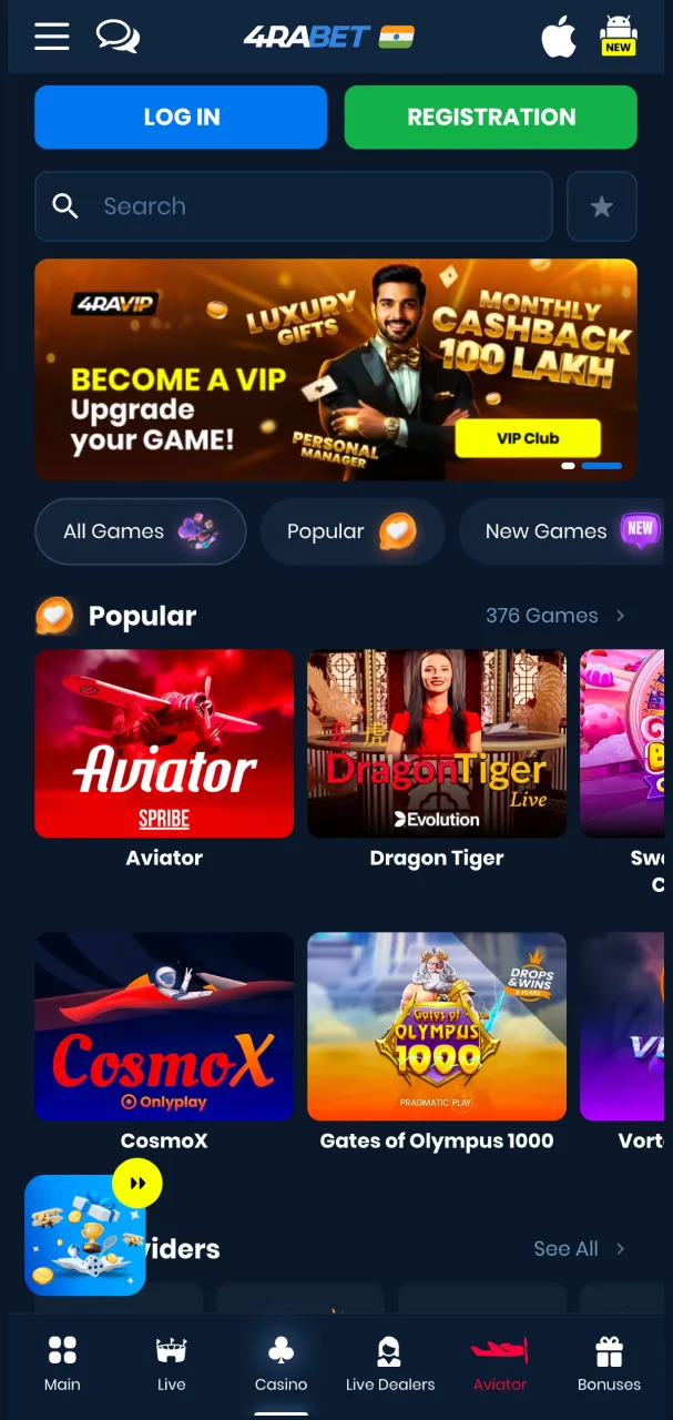 4rabet casino section presenting a broad range of gaming options.