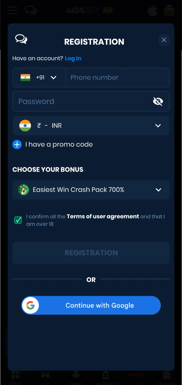 4rabet signup window providing fields for new user registration.