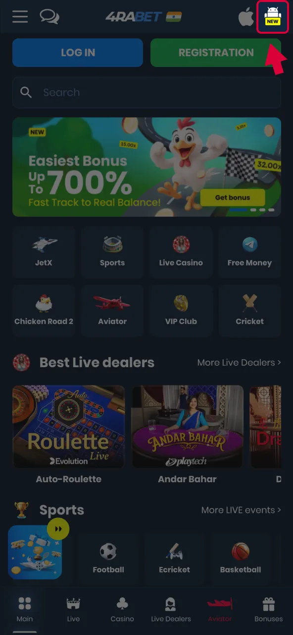 Locate Aviator download in Android section.