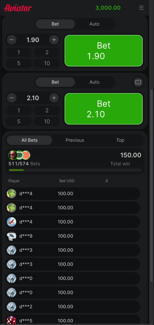 Betting interface in Aviator game showing wager options.