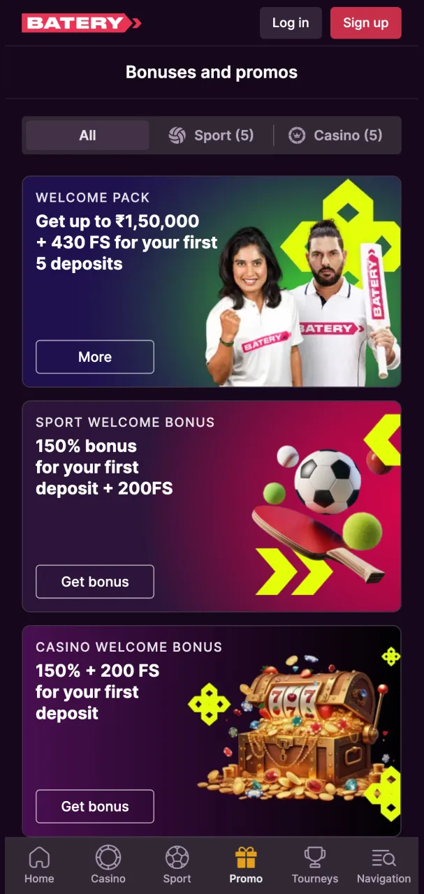 Discover attractive deals and bonuses in the Batery promotions screen.