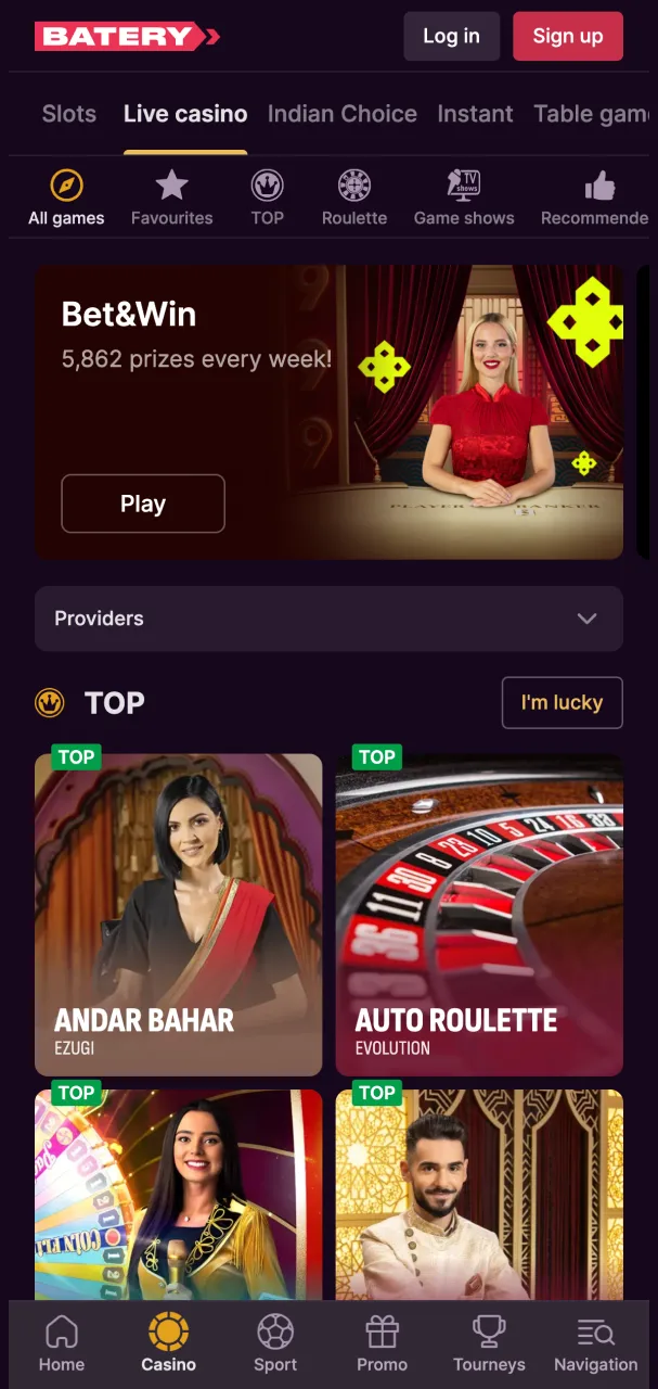 Engage in live‑casino at Batery with direct dealer participation.