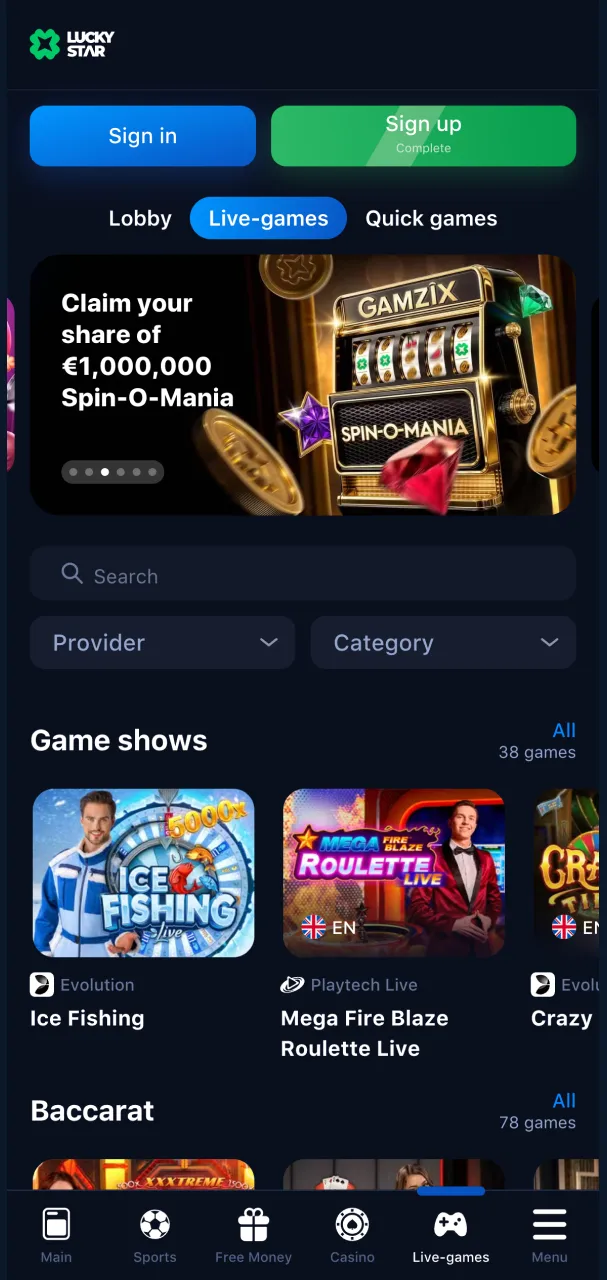 Authentic casino atmosphere shown on Lucky Star live‑dealer page.