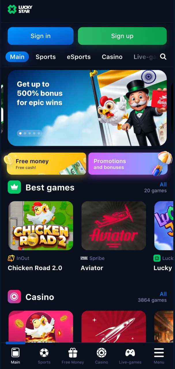 Enter the Lucky Star site front page with all features unlocked.