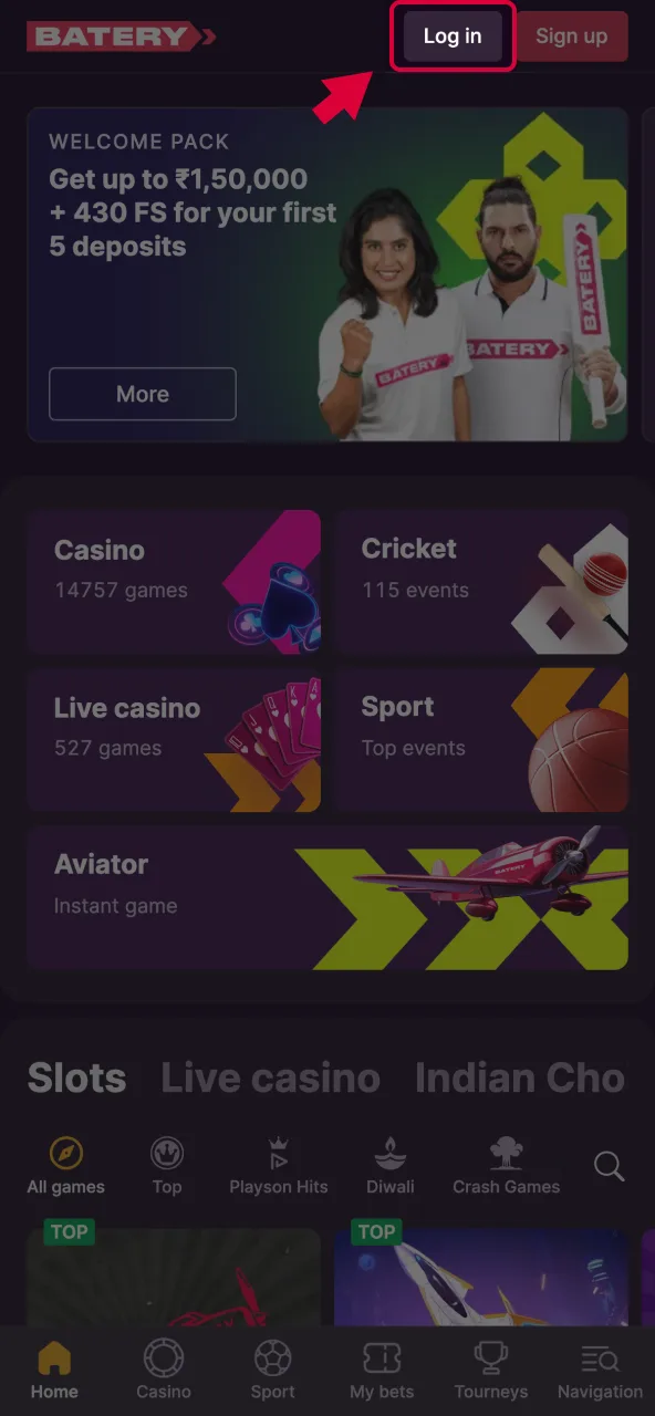 Open login form to access Aviator.