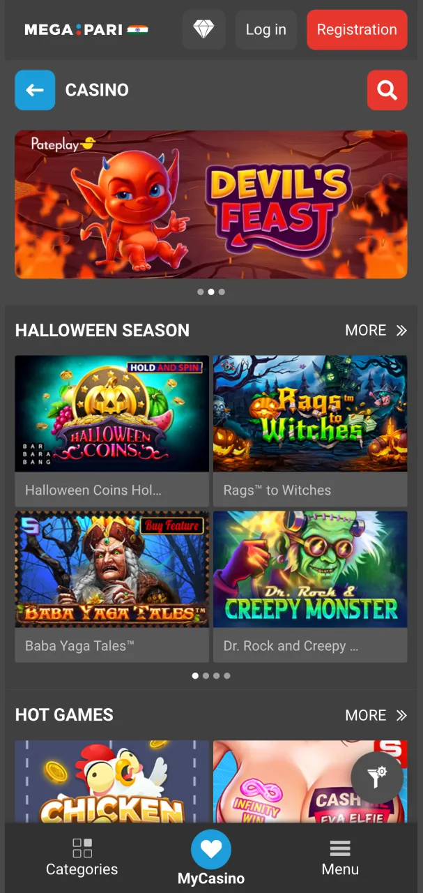 Explore diverse gaming options in the Megapari casino area.