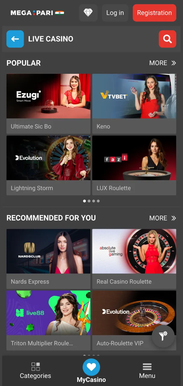 Megapari live‑casino section featuring real dealer games.