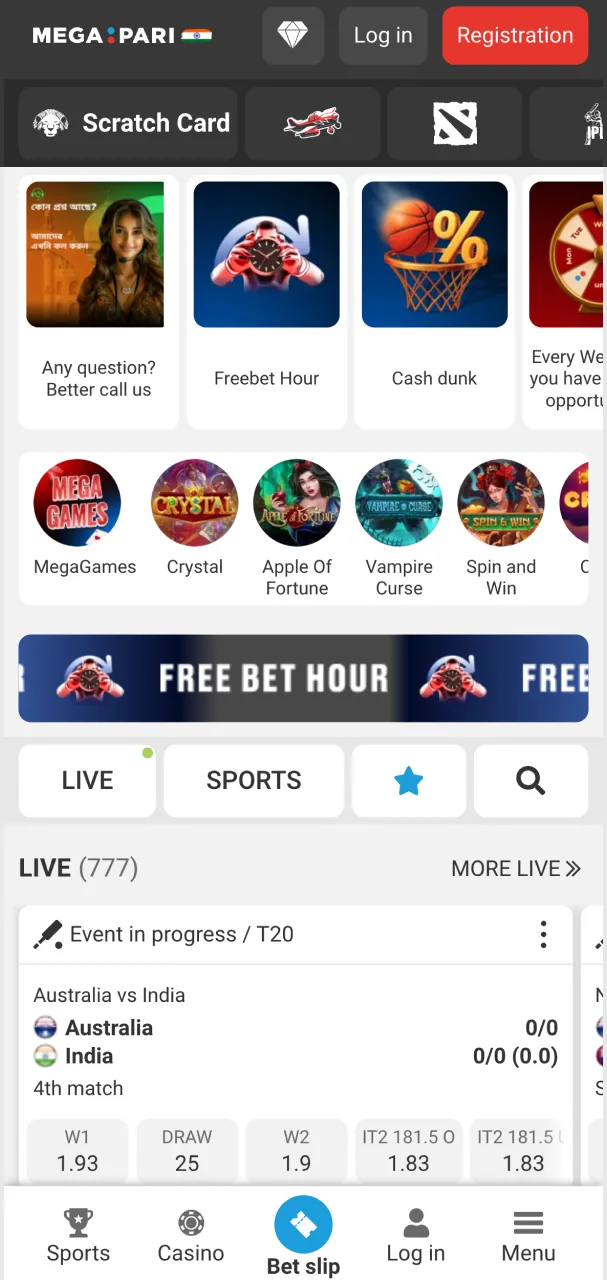 Megapari main site page showcasing games and services.