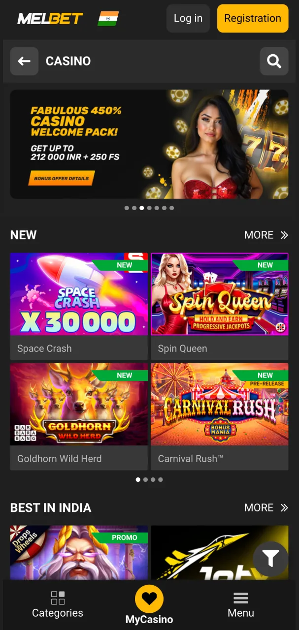 Melbet casino section displaying a wide variety of games.