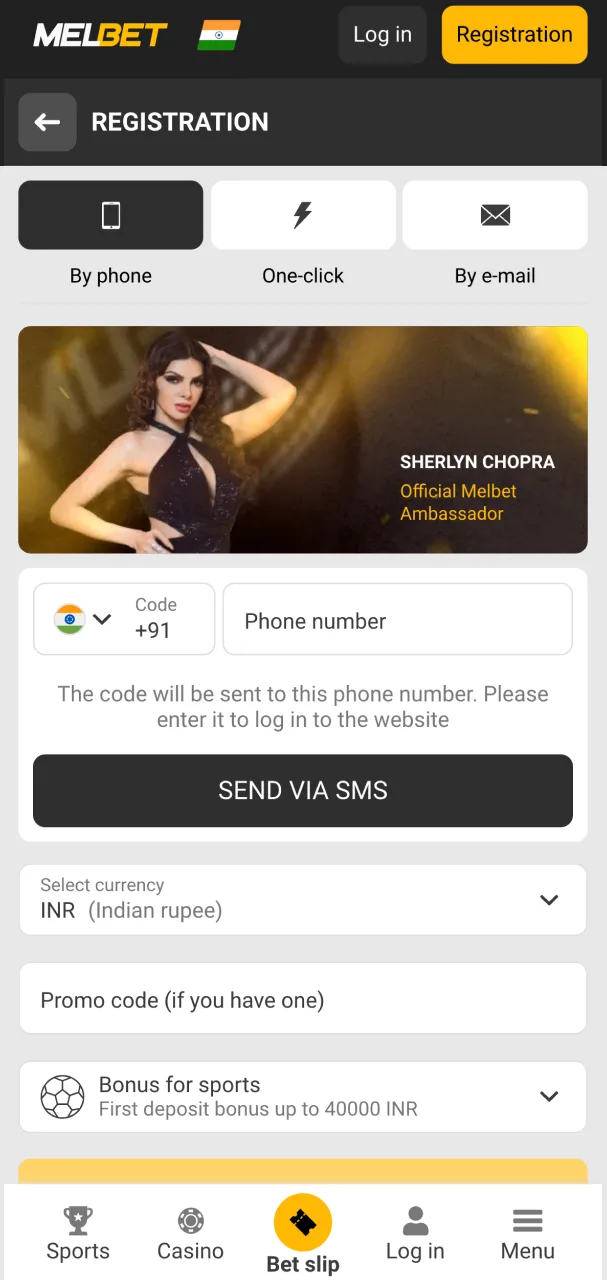 Registration window on Melbet website for new players.