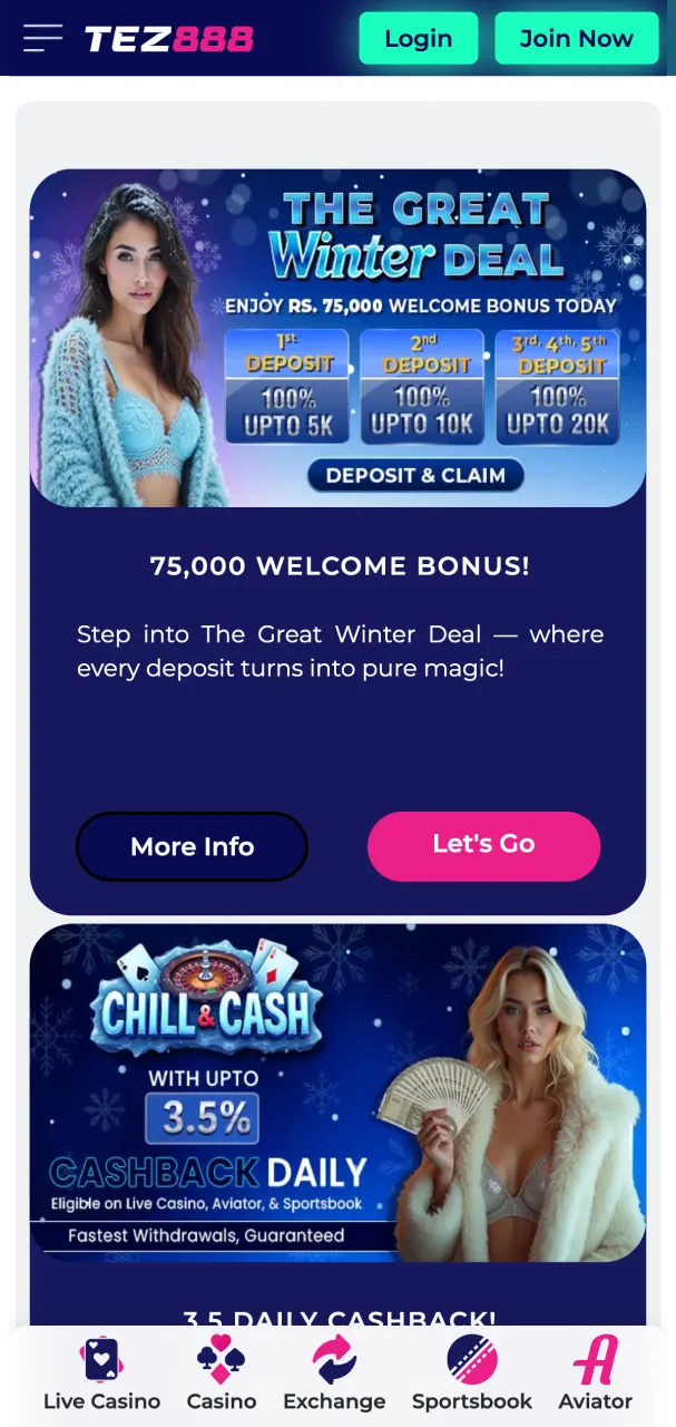 Tez888 platform showcasing rewards, deals, and casino offers.