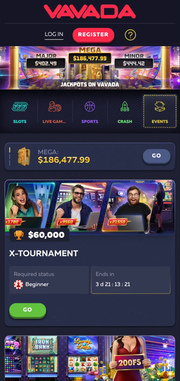 Vavada promotional screen with ongoing offers and extra benefits.