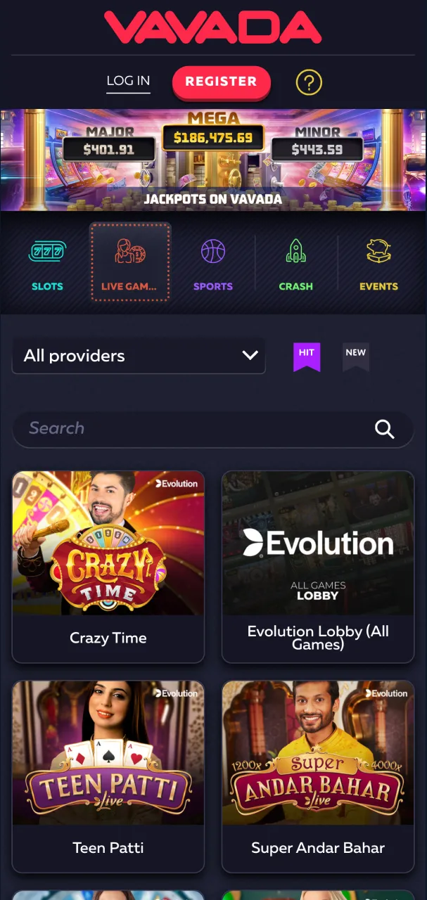 Vavada platform presenting interactive live‑casino games with dealers.