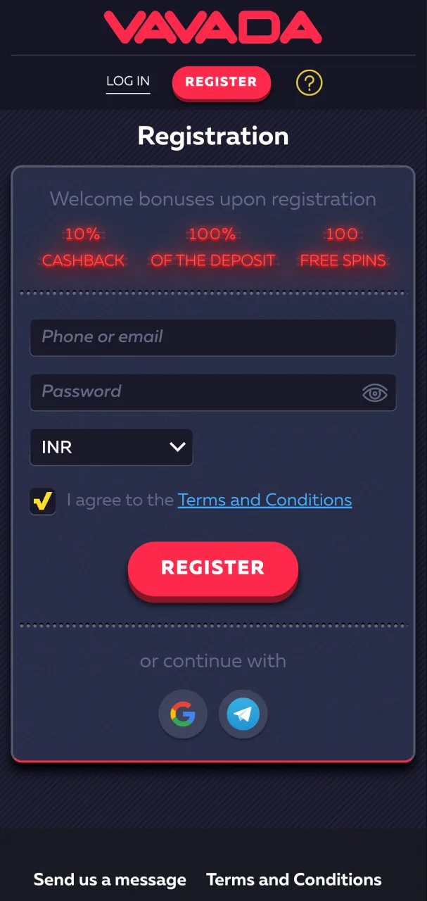 Registration page at Vavada where players enter details to join.