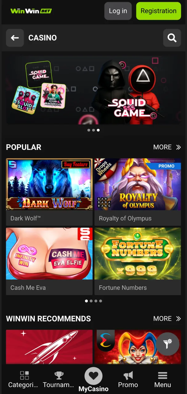 WinWin platform showcasing multiple casino games for players.