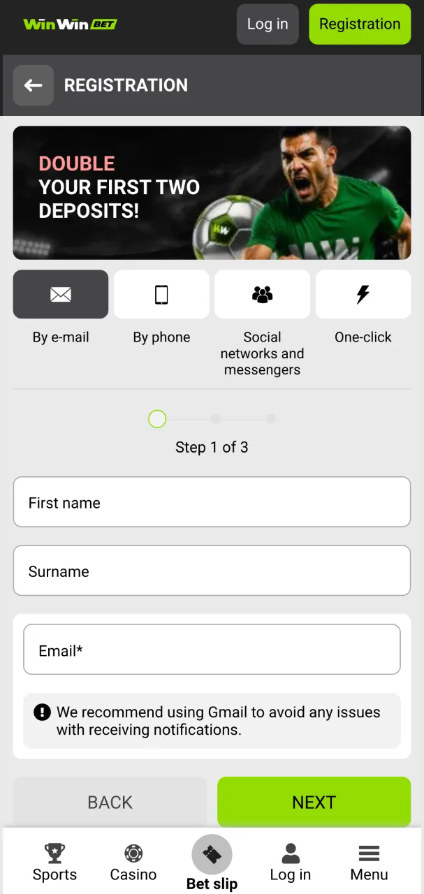 WinWin registration screen with email and password entry.