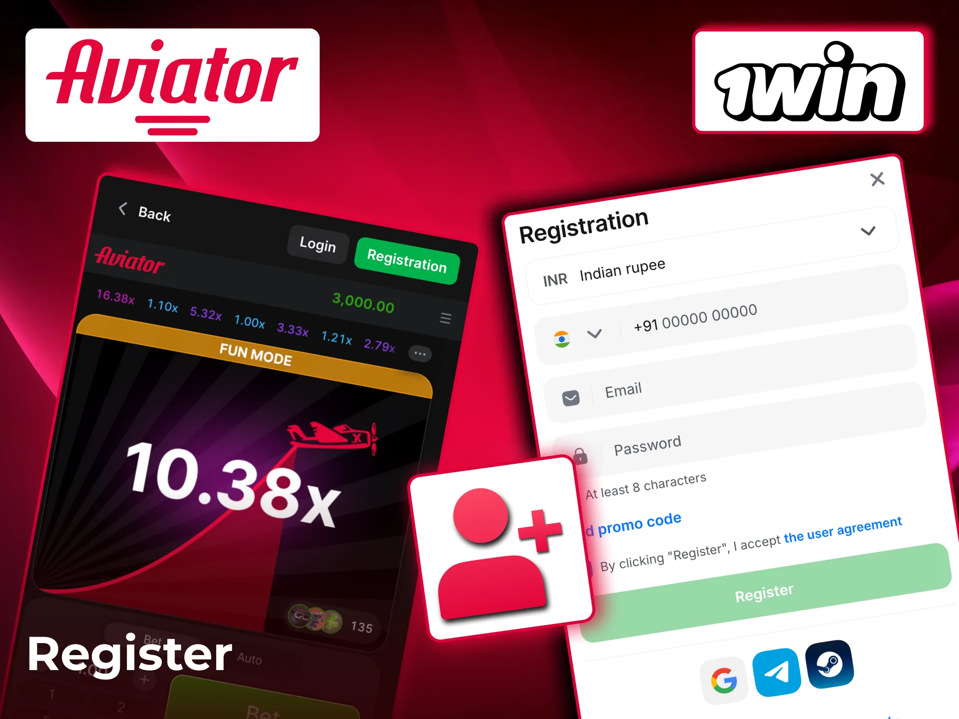 Register for Aviator on 1win via Google, Telegram, VK or standard form with phone/email.