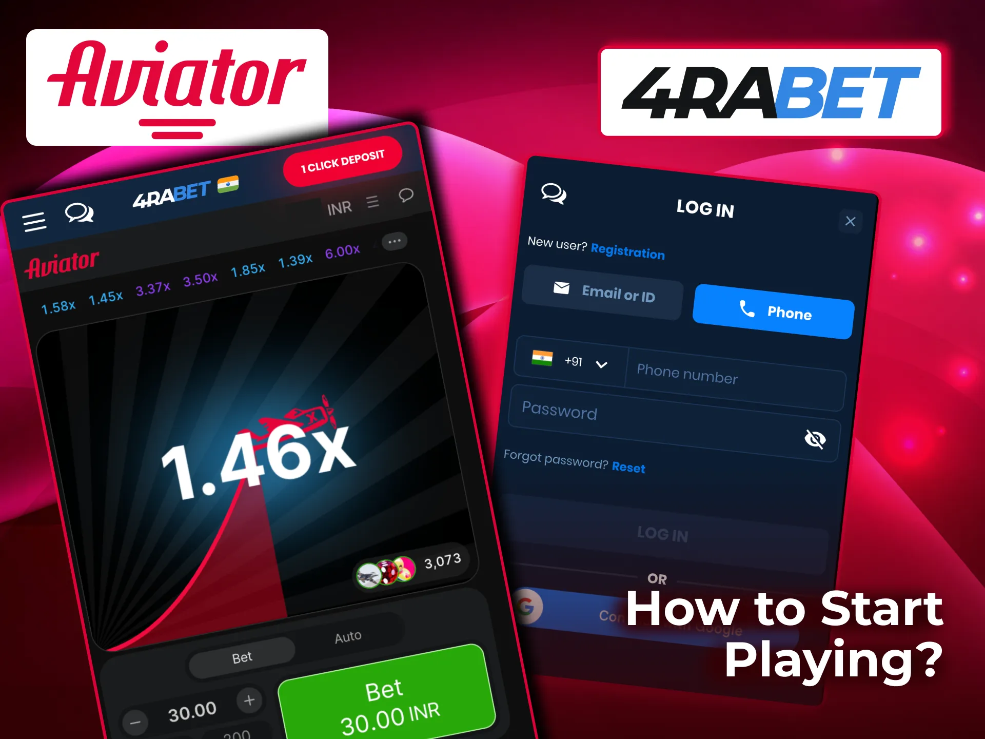 Aviator on 4rabet starts with account login, game search, and option for demo or real play.