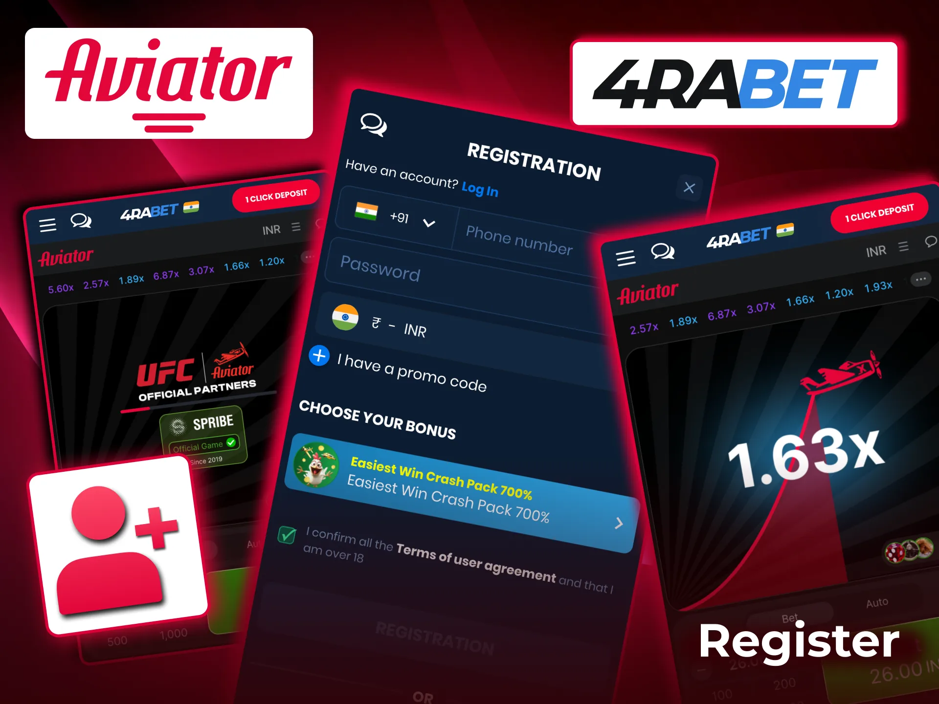 Quick 4rabet Aviator registration using phone, Google account, or promo code.
