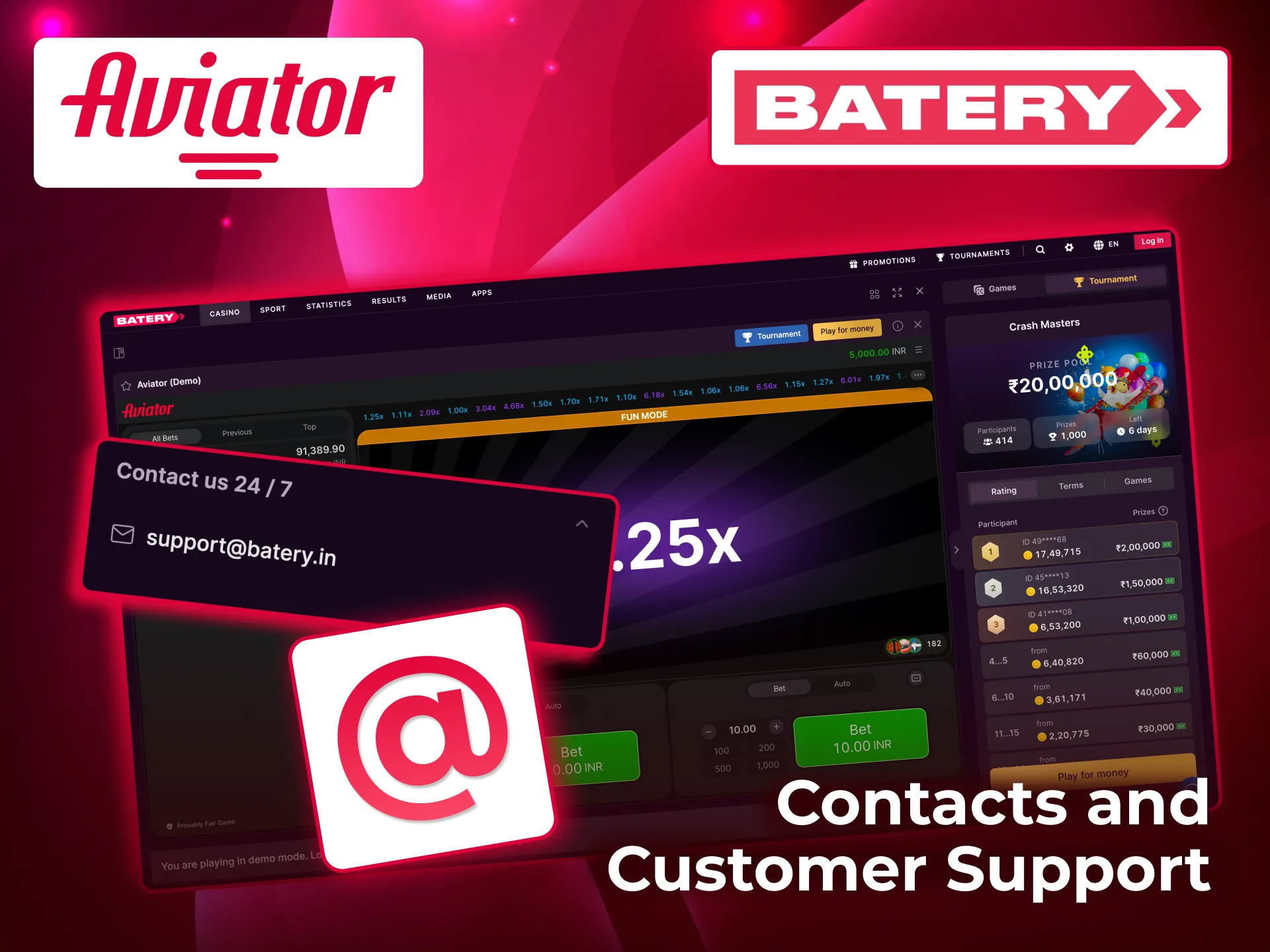 Batery Aviator customer support offers help by email, chat, and direct admin requests.