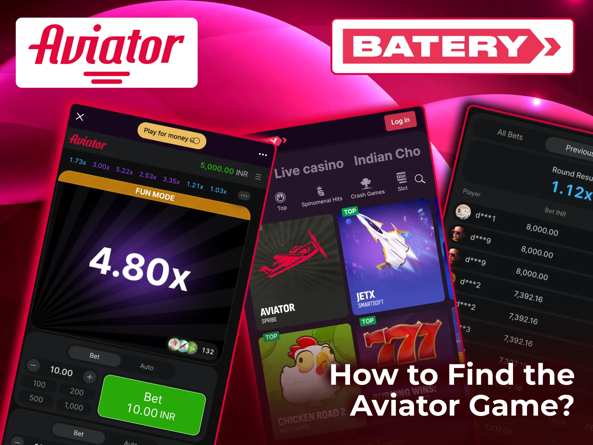 Aviator game on Batery appears in Casino section under TOP or by typing name in search field.