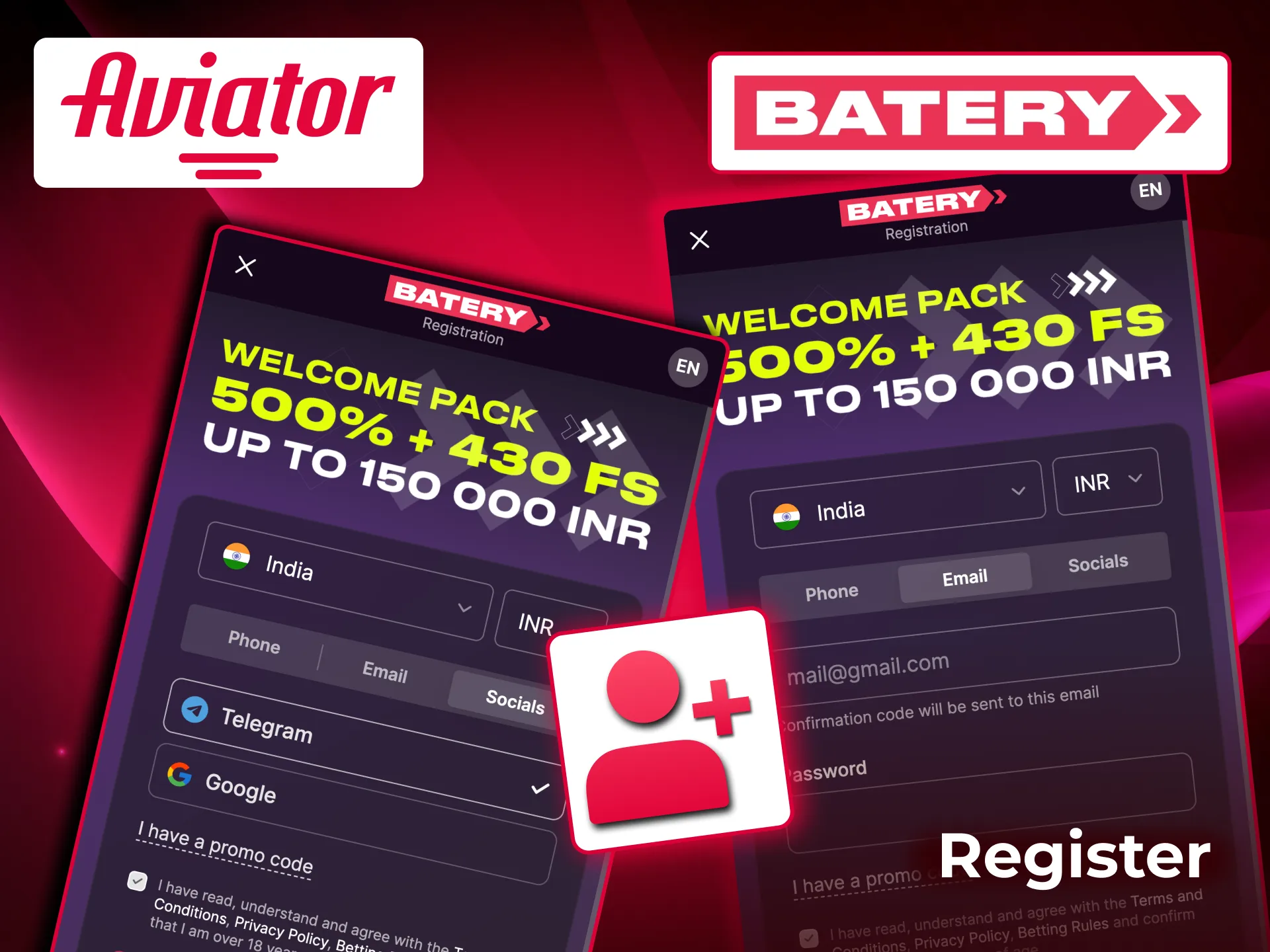 Register for Aviator on Batery by joining, choosing phone, email, or social login, and confirming code.