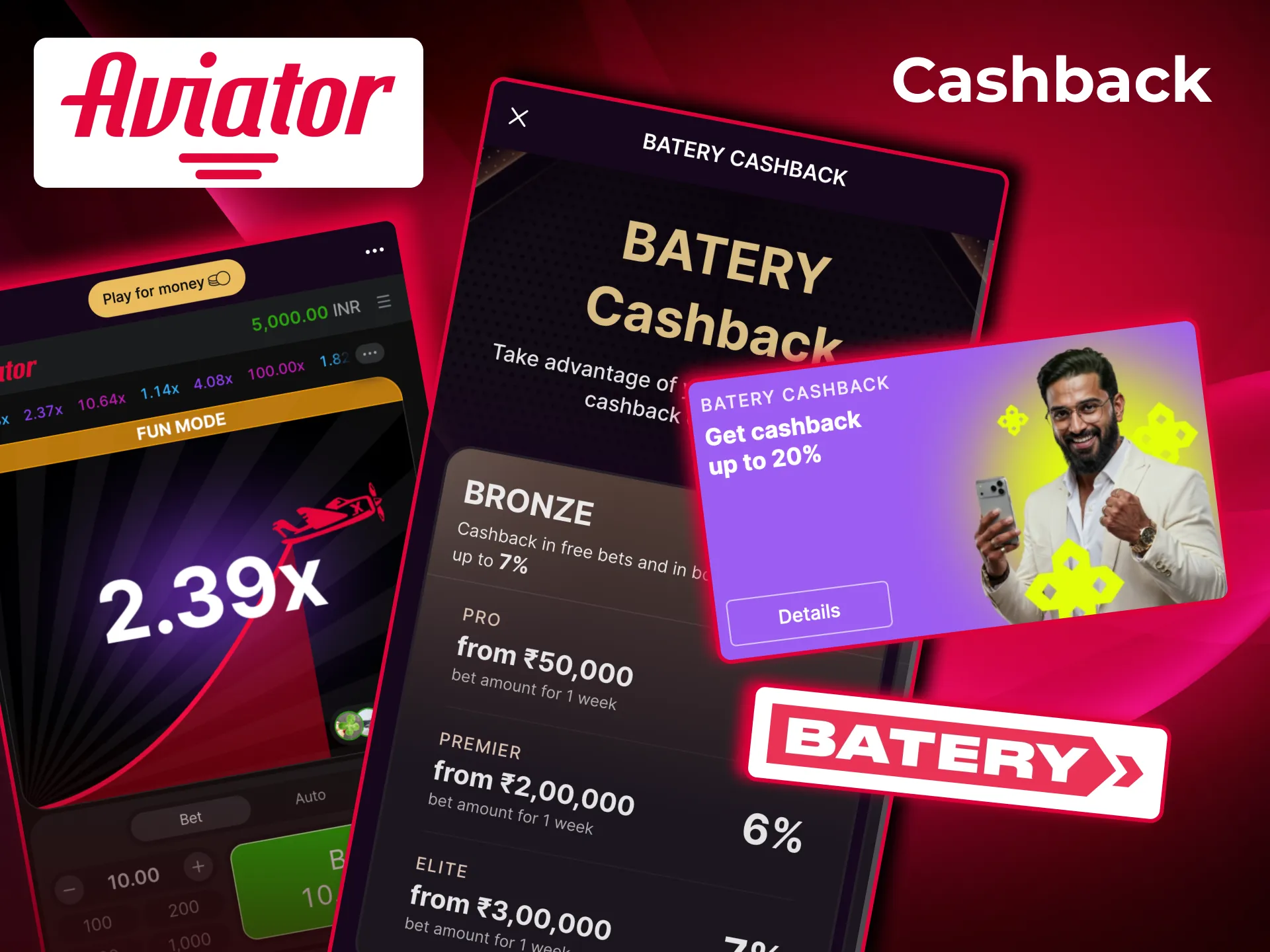 Batery Aviator promotion highlights free VIP membership and weekly casino cashback benefits.