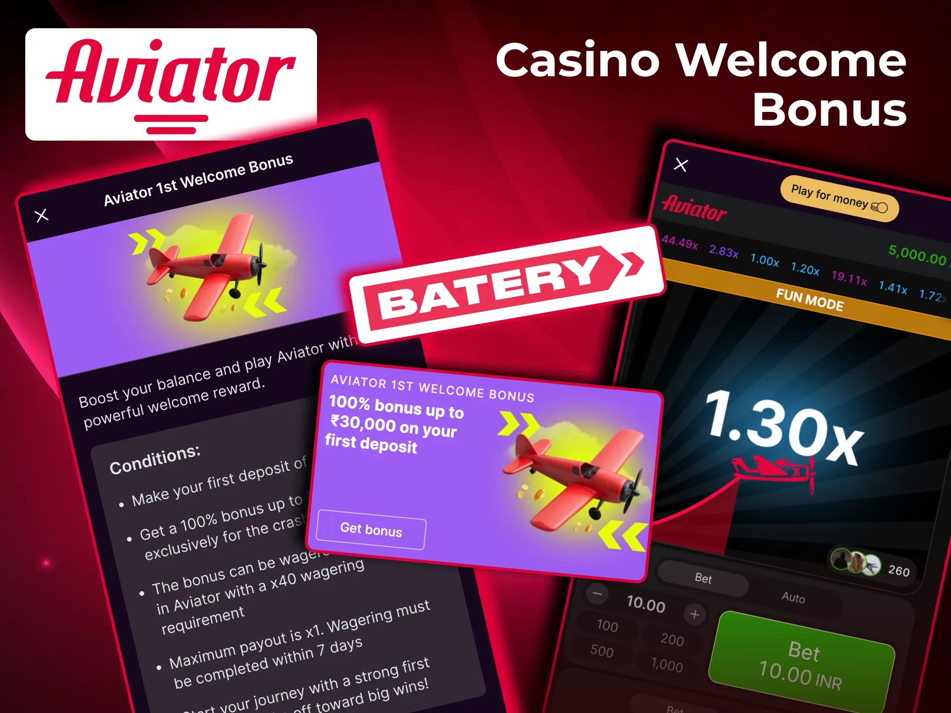 Batery welcome bonus for Aviator gives 150% first deposit plus 200 free spins for slots.