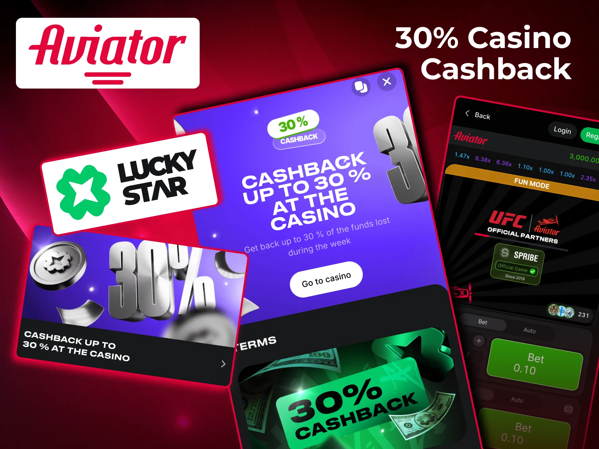 Aviator at Lucky Star cashback bonus returns 1%-30% of weekly losses to player accounts.