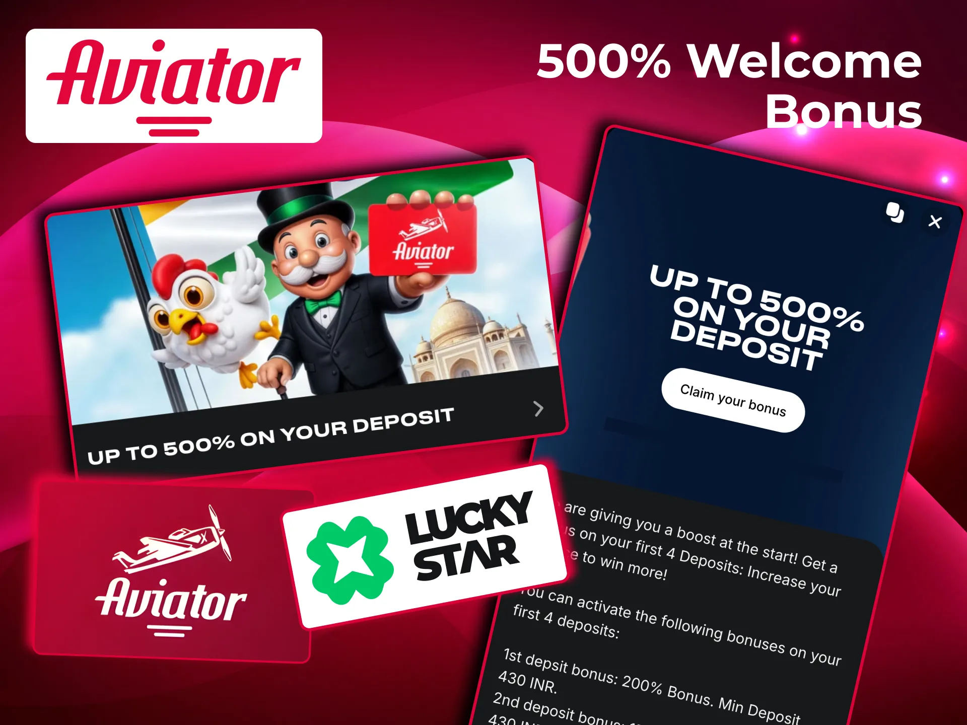 500% Aviator bonus applies to first four deposits, giving extra funds for play at Lucky Star casino.