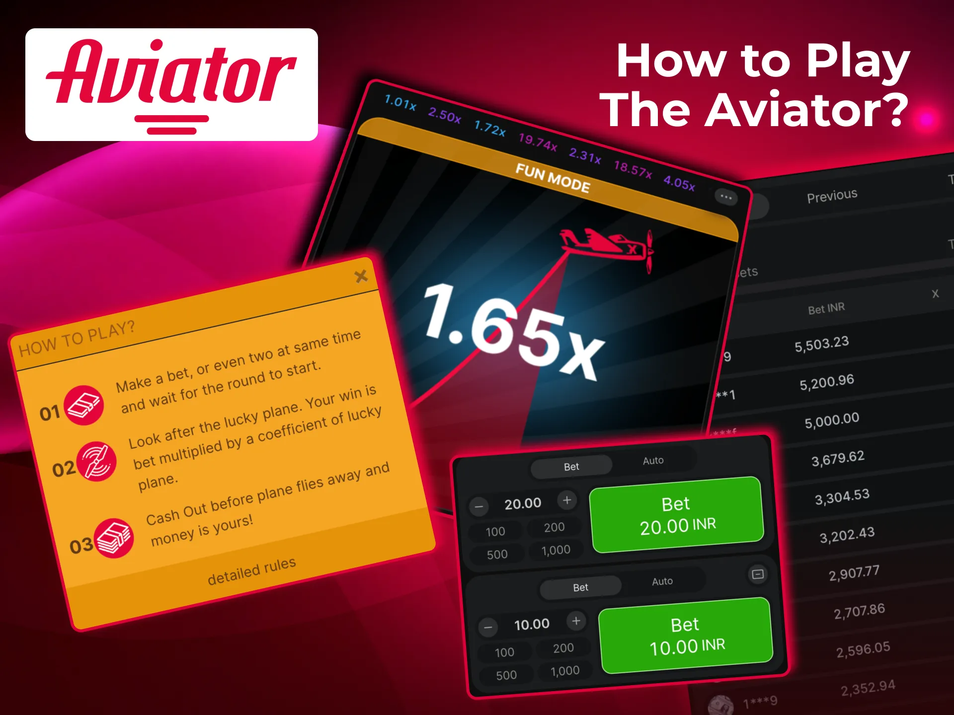 Steps to play Aviator include registering, depositing, choosing bet, and pressing stop before loss.
