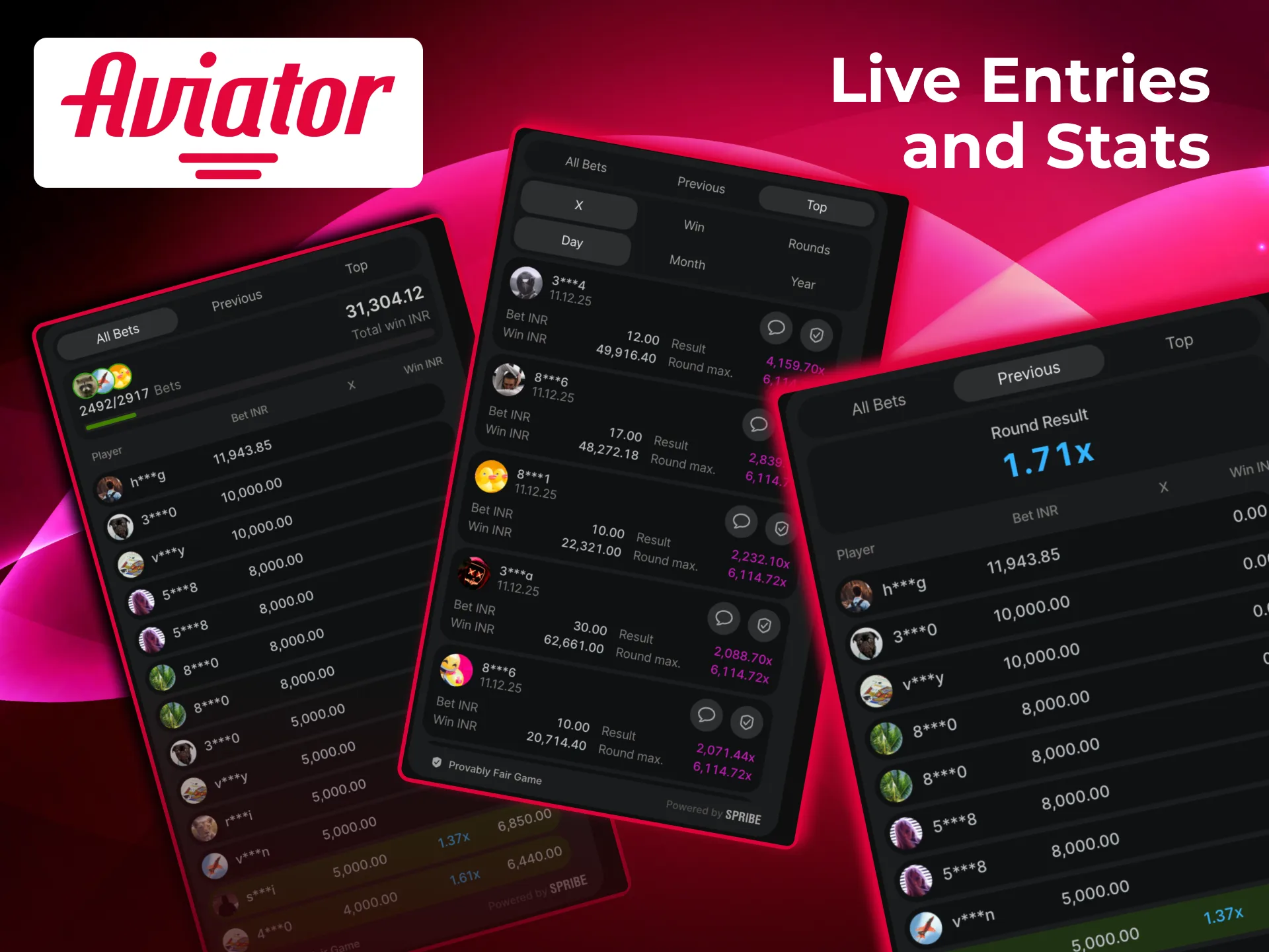 Real time Aviator records display player results and history.