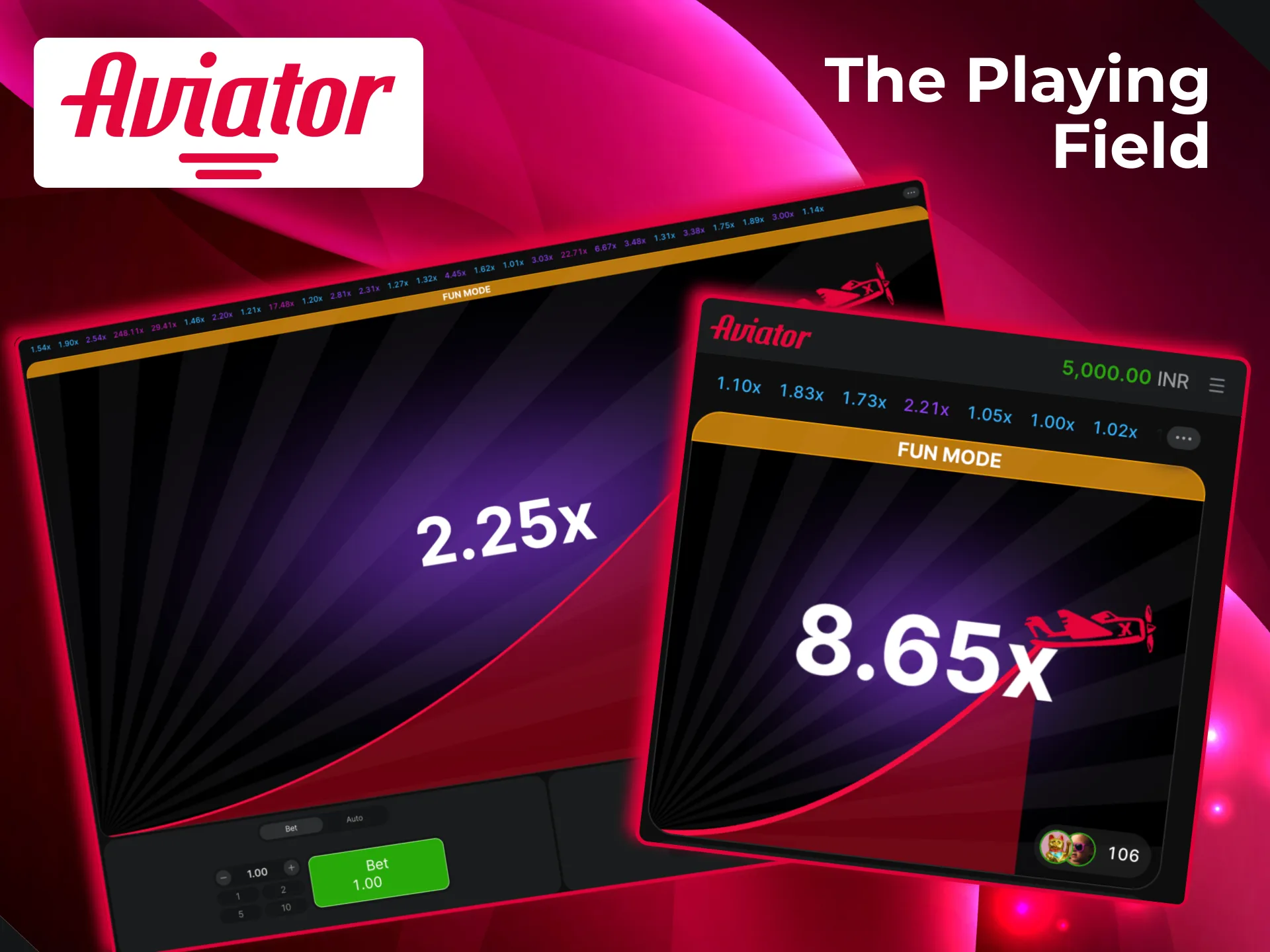 Aviator playing field shows rising plane with live multipliers.