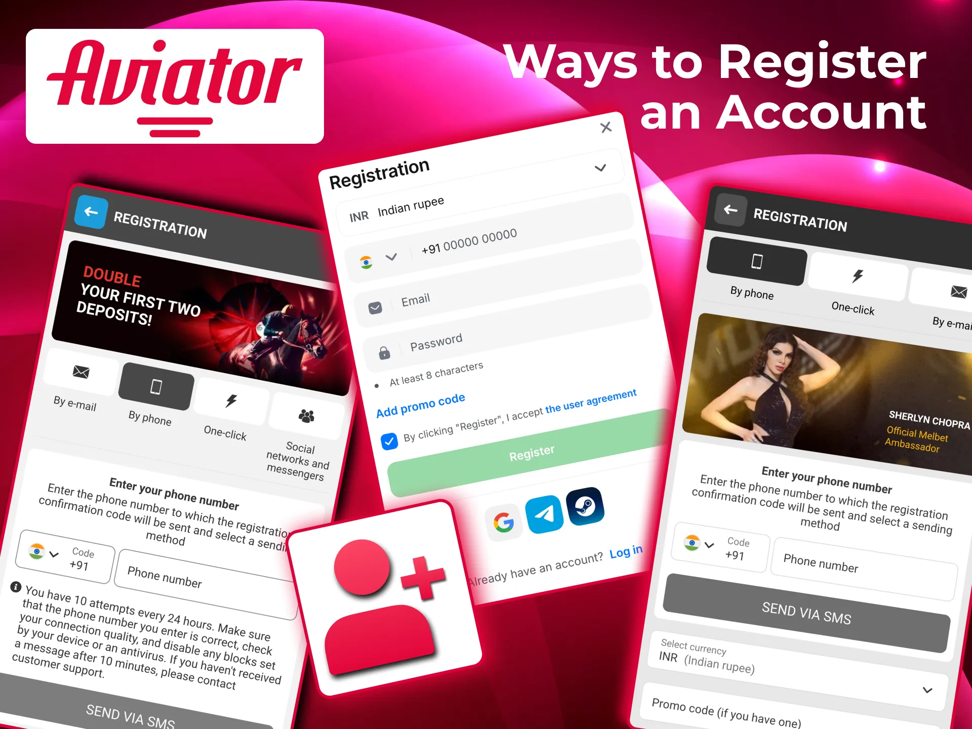 Aviator account registration options include phone, email, social media, or manual sign‑up form.
