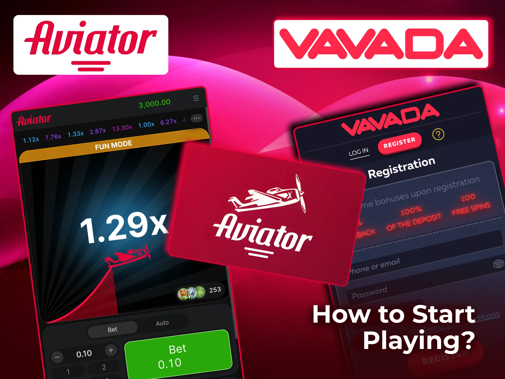 Aviator on Vavada starts with account login, game search, and option for demo or real play.