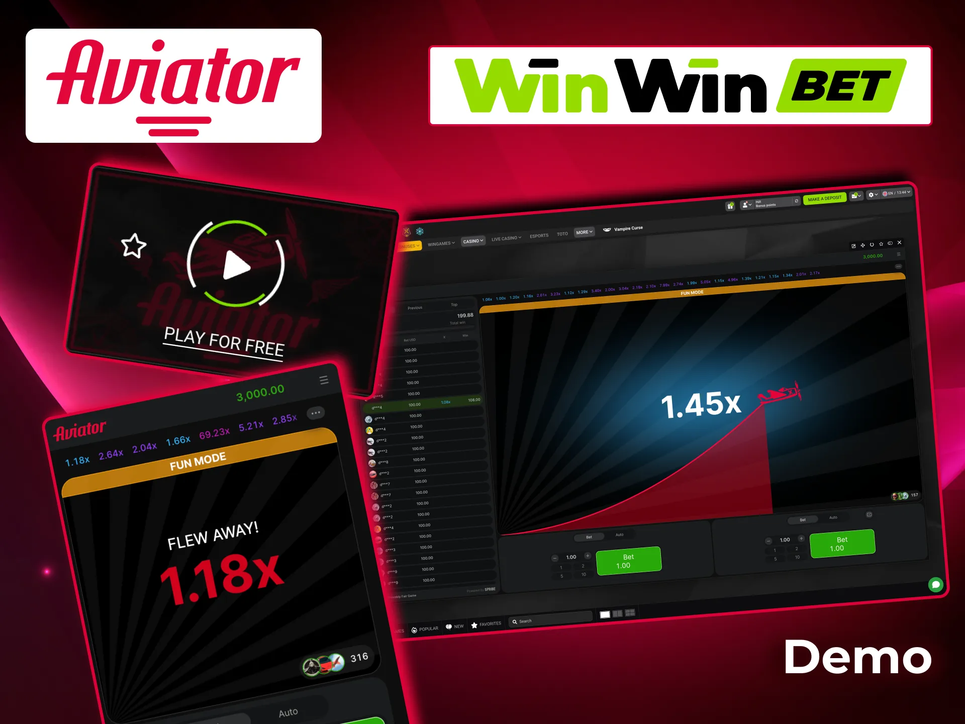 Aviator demo version on WinWin provides training mode with free play.